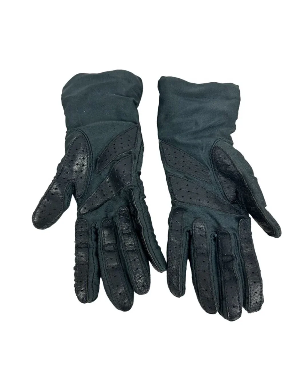 Vintage Black Nylon & Leather Gloves Womens One Size Winter Warm Detail Design